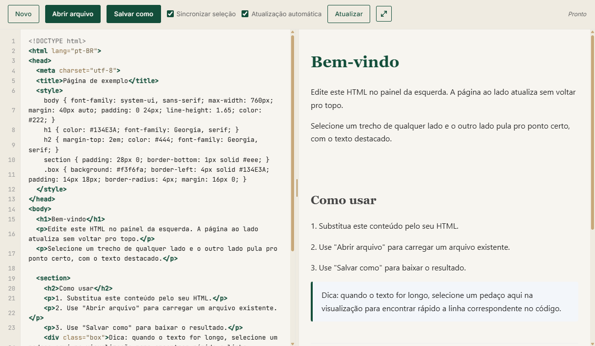 Captura da tela do Editor HTML Inteligente em uso