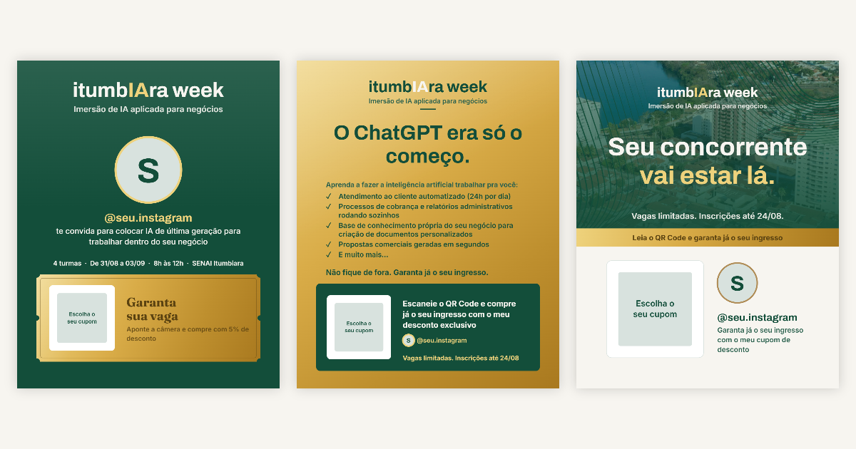 Três artes de Instagram do itumbIAra week geradas pela ferramenta, com QR code e arroba personalizados